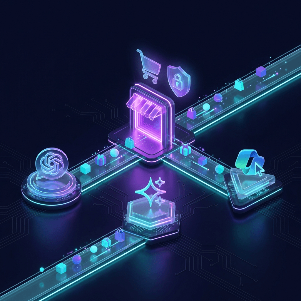 Isometric 3D render of a central AI storefront hub with three glowing pathways connecting to AI platform nodes, product icons flowing between them