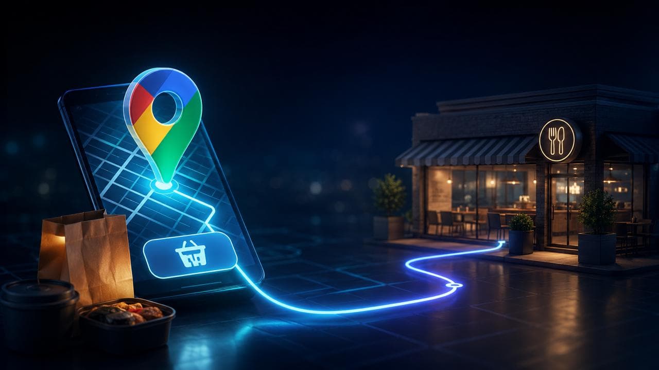 Smartphone showing Google Maps with a glowing location pin and cart icon, connected by a neon route line to a restaurant storefront at night, with takeout bags and food containers in the foreground.