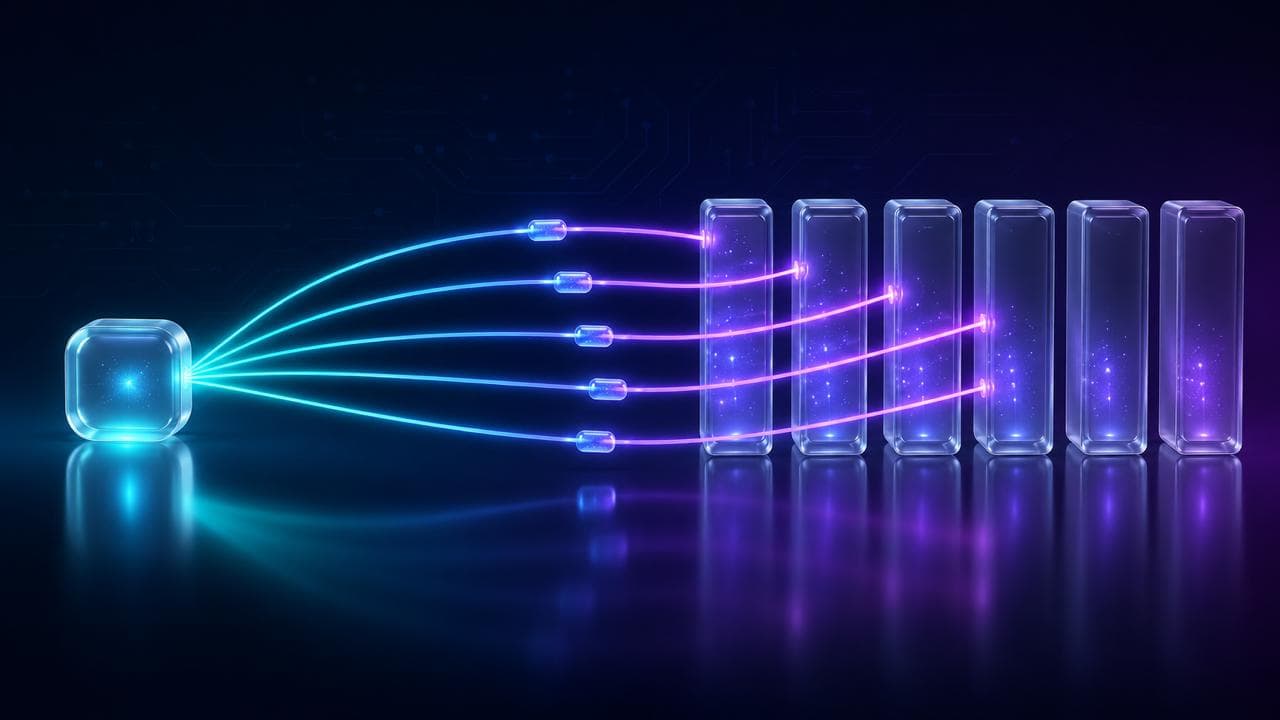 Glowing stateless MCP flow diagram showing one cyan request source fanning into multiple purple server columns with neon connection lines on a dark navy background.