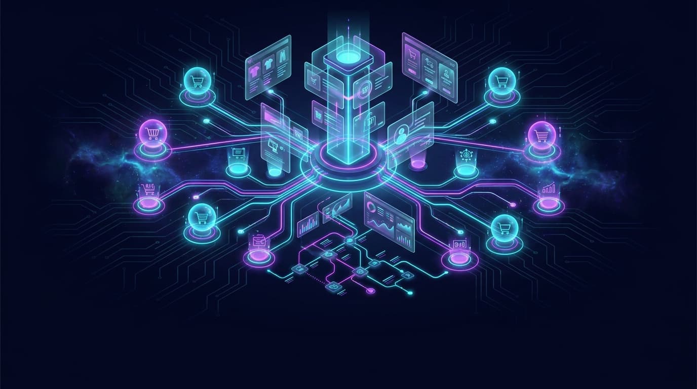 A conversational shopping agent interface at the center of three connected panels representing a brand storefront, a WhatsApp buyer chat, and a back-office merchandising grid, linked by cyan data streams on a dark background.