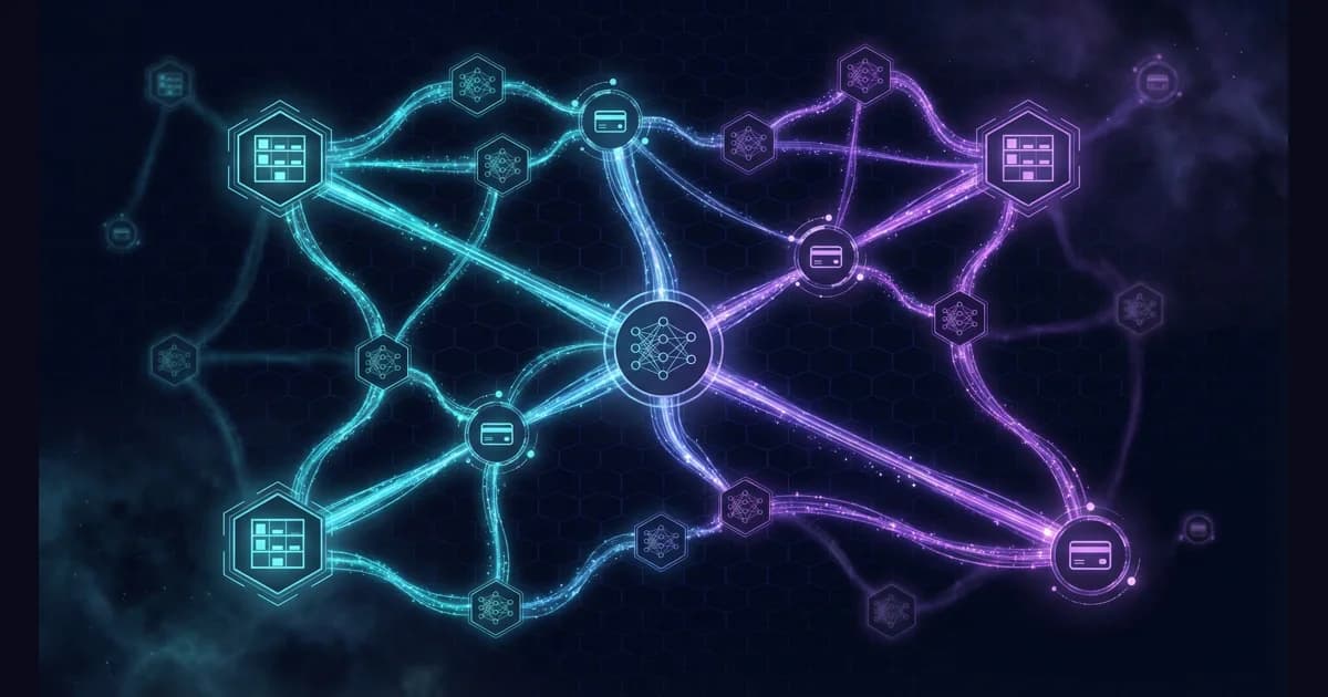 Abstract visualization of AI agents navigating a commerce infrastructure network, dark background with cyan and purple data flows connecting product catalogs, payment rails, and AI platforms