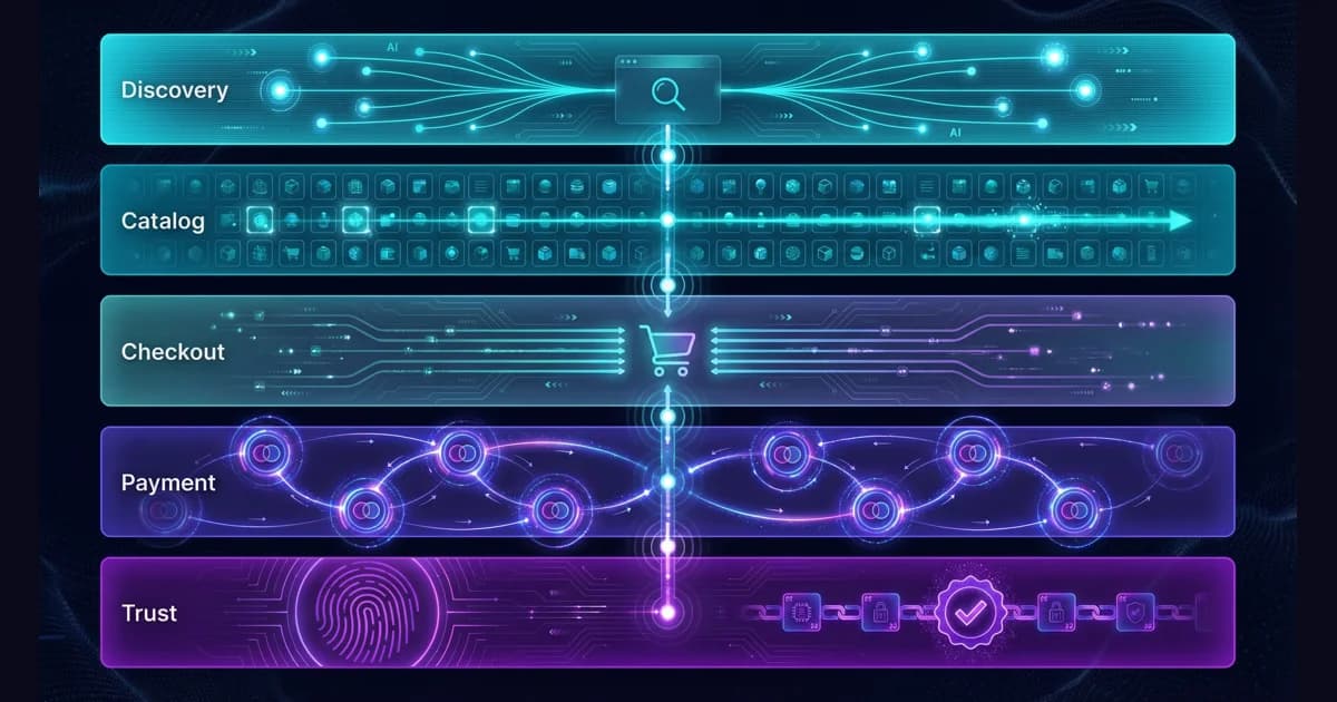 Diagram showing five layers of agentic commerce infrastructure, discovery, catalog, checkout, payment, and trust, each mapped to a key player in the 2026 ecosystem