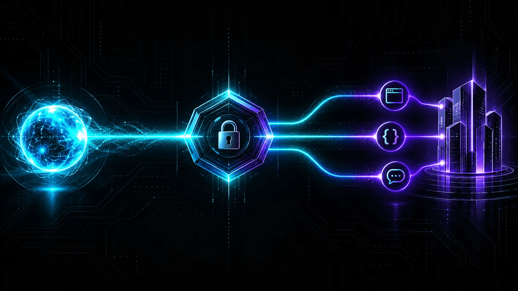 A consumer's personal AI agent connecting to a business through one secure OAuth session that branches into website, API, and company-agent channels, on a dark background with cyan accents.