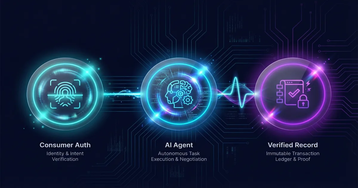 Infographic showing the Verifiable Intent trust flow as three labeled glowing nodes on a dark background: Consumer Auth (identity and intent verification), AI Agent (autonomous task execution), and Verified Record (immutable transaction ledger and proof), connected by neon cyan pulse lines from left to right.