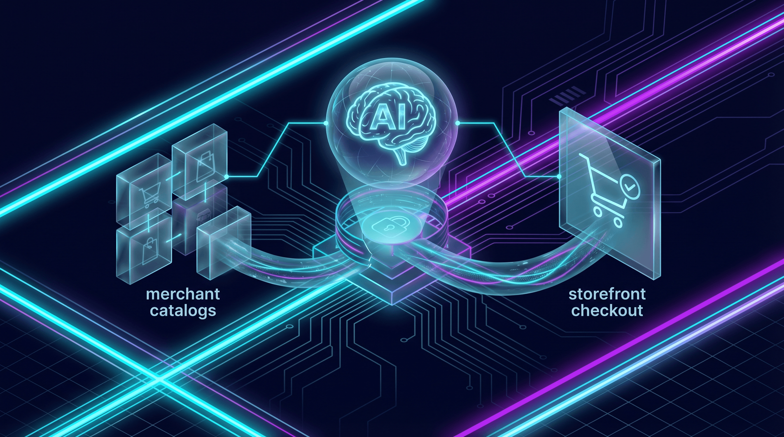 Futuristic commerce infrastructure bridge connecting AI shopping agents, merchant catalogs, and merchant storefront checkout on a dark cyan and purple background