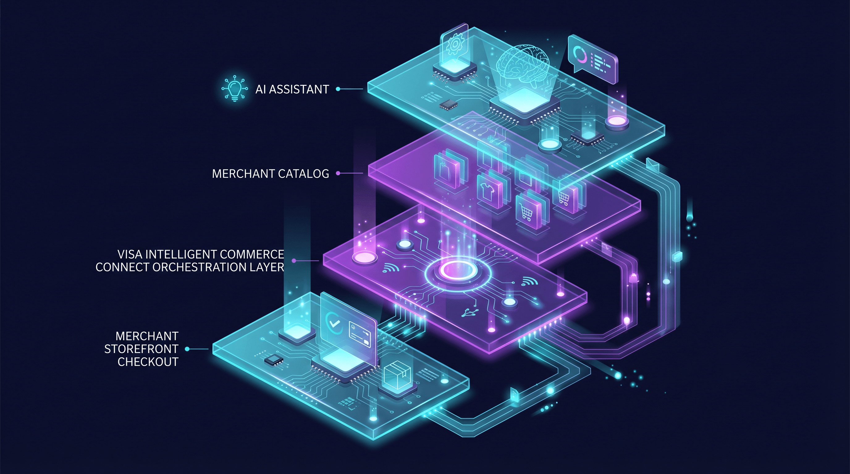 Diagram showing AI assistants feeding merchant discovery into Visa Intelligent Commerce Connect, which then routes the purchase to the merchant storefront for checkout