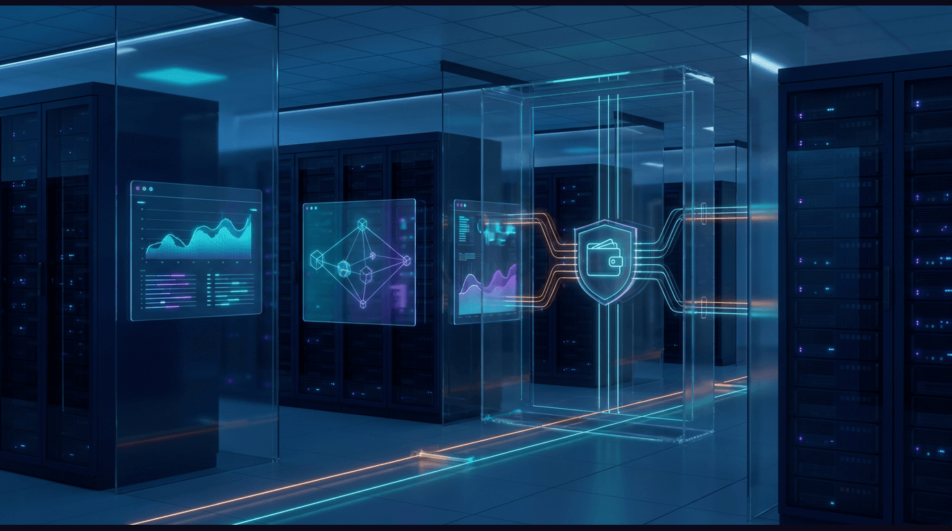 Abstract enterprise illustration of an AI agent with stablecoin wallet paying paid APIs and MCP servers through the x402 protocol layer with Coinbase and Stripe Privy wallet shields and per-session spending guardrails on a dark navy background with cyan and purple neon accents