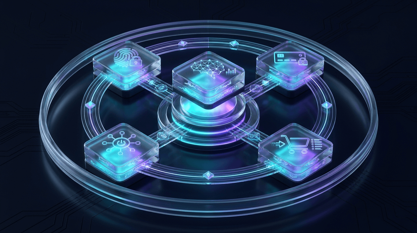 Abstract enterprise illustration of a secure transaction core connected to five trust services in a closed-loop agentic commerce network on a dark navy background with cyan and purple accents
