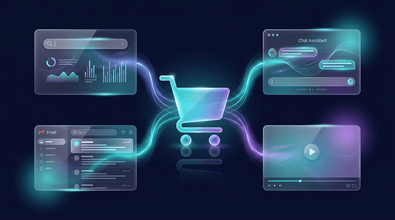 A glowing shopping cart icon is centered among four translucent interface panels showing analytics, a chat assistant, email, and a video player. Cyan and purple data streams connect the panels to the cart across a dark navy background.