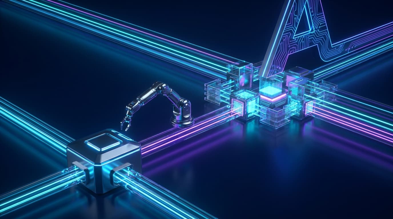 Network of AI agents exchanging micro-payments at machine speed across card and stablecoin rails, rendered as glowing cyan nodes connected on a dark background, representing Mastercard Agent Pay for Machines