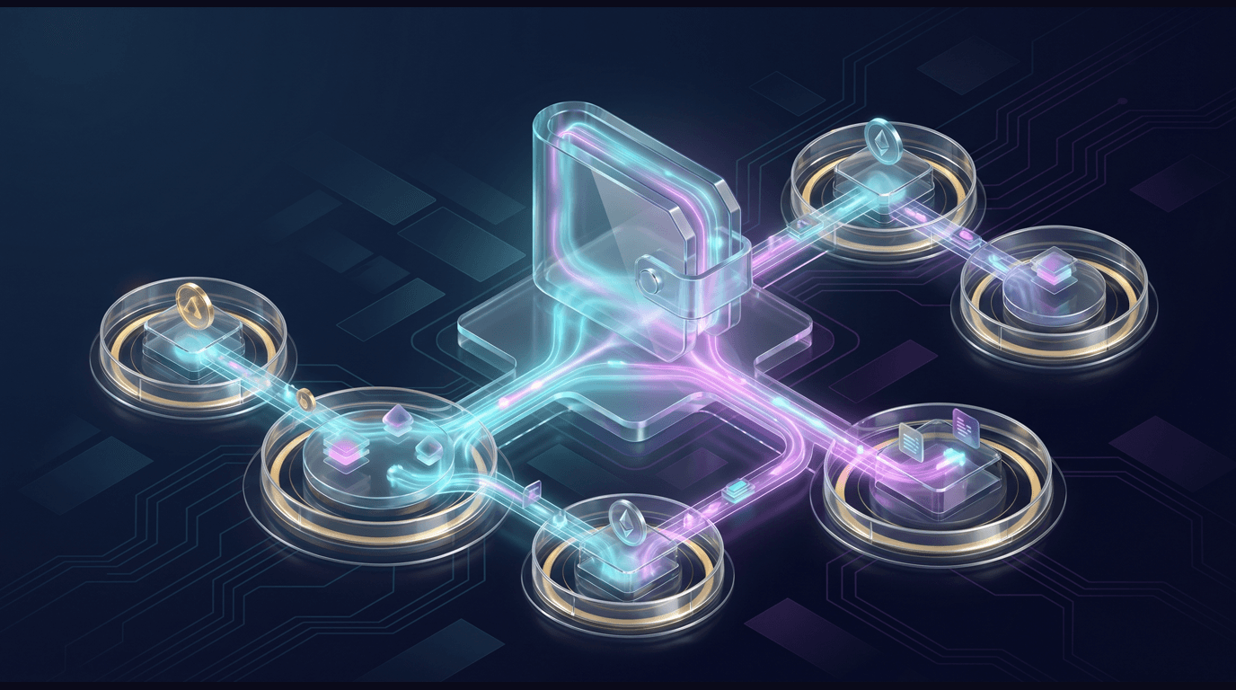 Abstract enterprise illustration of a Link consumer wallet hub authorizing one-time-use cards and Shared Payment Tokens to multiple AI agents with scoped spending controls shown as concentric guardrails on a dark navy background with cyan and purple accents