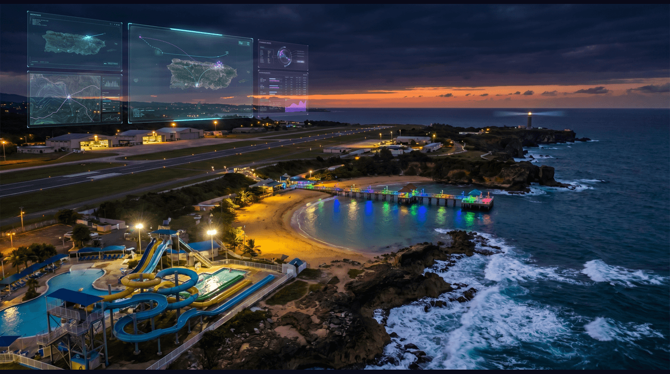 Aguadilla skyline with the Rafael Hernández International Airport runway, Crashboat Beach colorful pier, the Aguadilla Lighthouse on Punta Borinquen, Las Cascadas water park slides, and the Atlantic surf at Wilderness Beach against a dark navy sky with cyan and purple holographic data panels