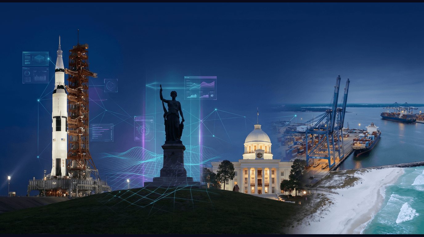 Alabama skyline with Huntsville's Saturn V rocket, Birmingham's Vulcan statue, Montgomery's State Capitol dome, the Port of Mobile cranes, and Gulf Shores beaches against a dark navy sky with cyan and purple holographic data panels