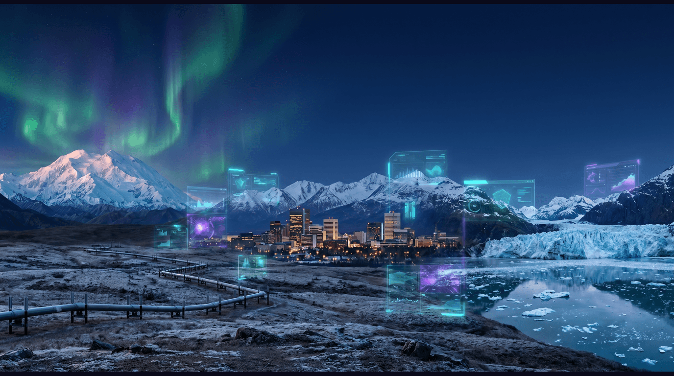 Alaska skyline with Denali peak, Trans-Alaska Pipeline, Anchorage downtown towers, Tongass rainforest, and a tidewater glacier against a dark navy sky with cyan and purple holographic data panels