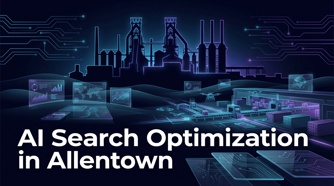 Lehigh Valley landscape with SteelStacks blast furnace silhouettes, rolling hills, and warehouse elements with holographic cyan and purple tech overlay panels against a dark navy background