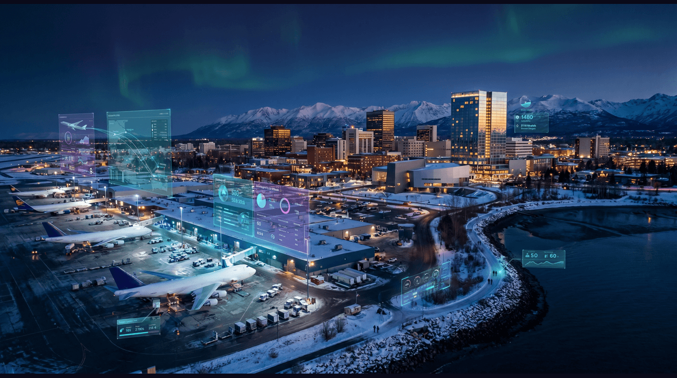 Anchorage skyline with Captain Cook Hotel, Anchorage Museum, Ted Stevens Anchorage International Airport cargo apron, Tony Knowles Coastal Trail, and Chugach Mountains against a dark navy sky with cyan and purple holographic data panels