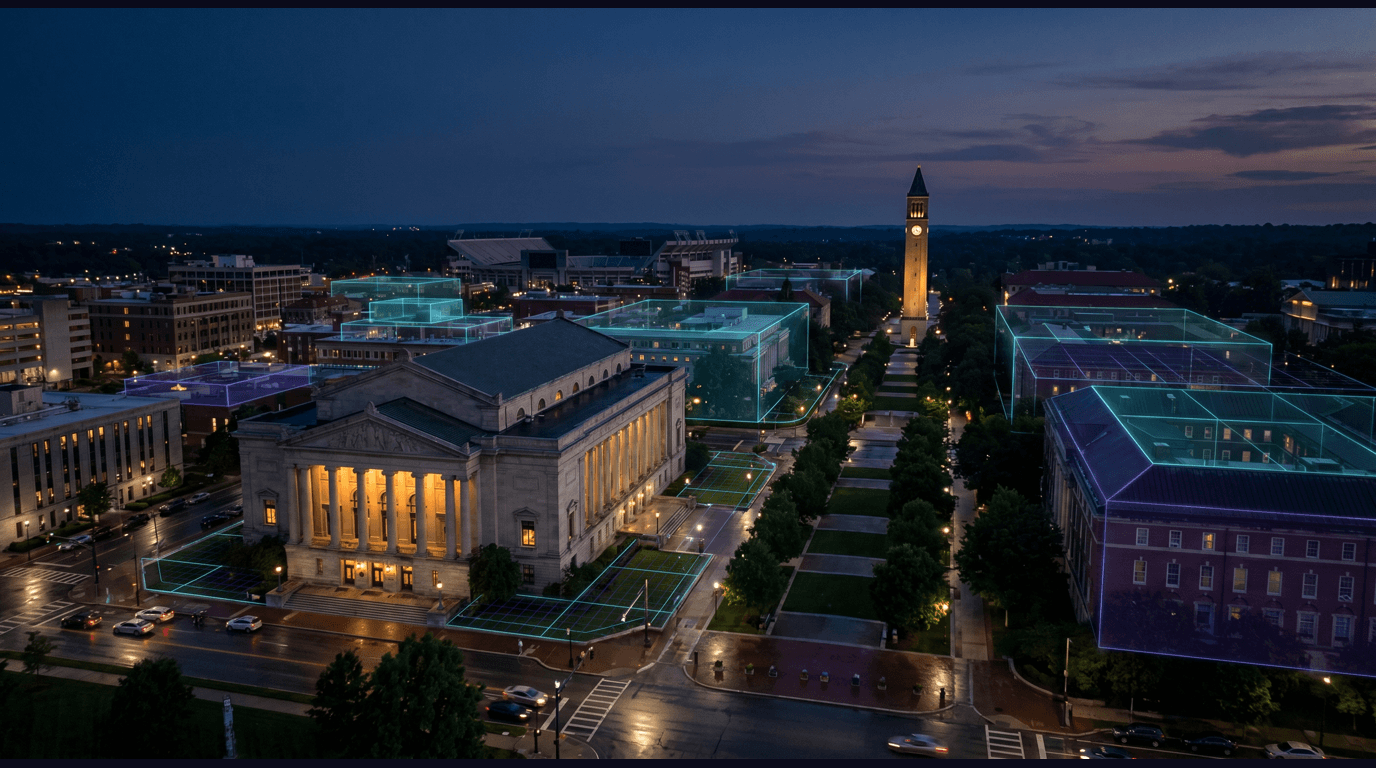 Ann Arbor skyline with the University of Michigan's Hill Auditorium, Michigan Stadium, Nichols Arboretum, and downtown State Street against a dark navy sky with cyan and purple holographic data panels
