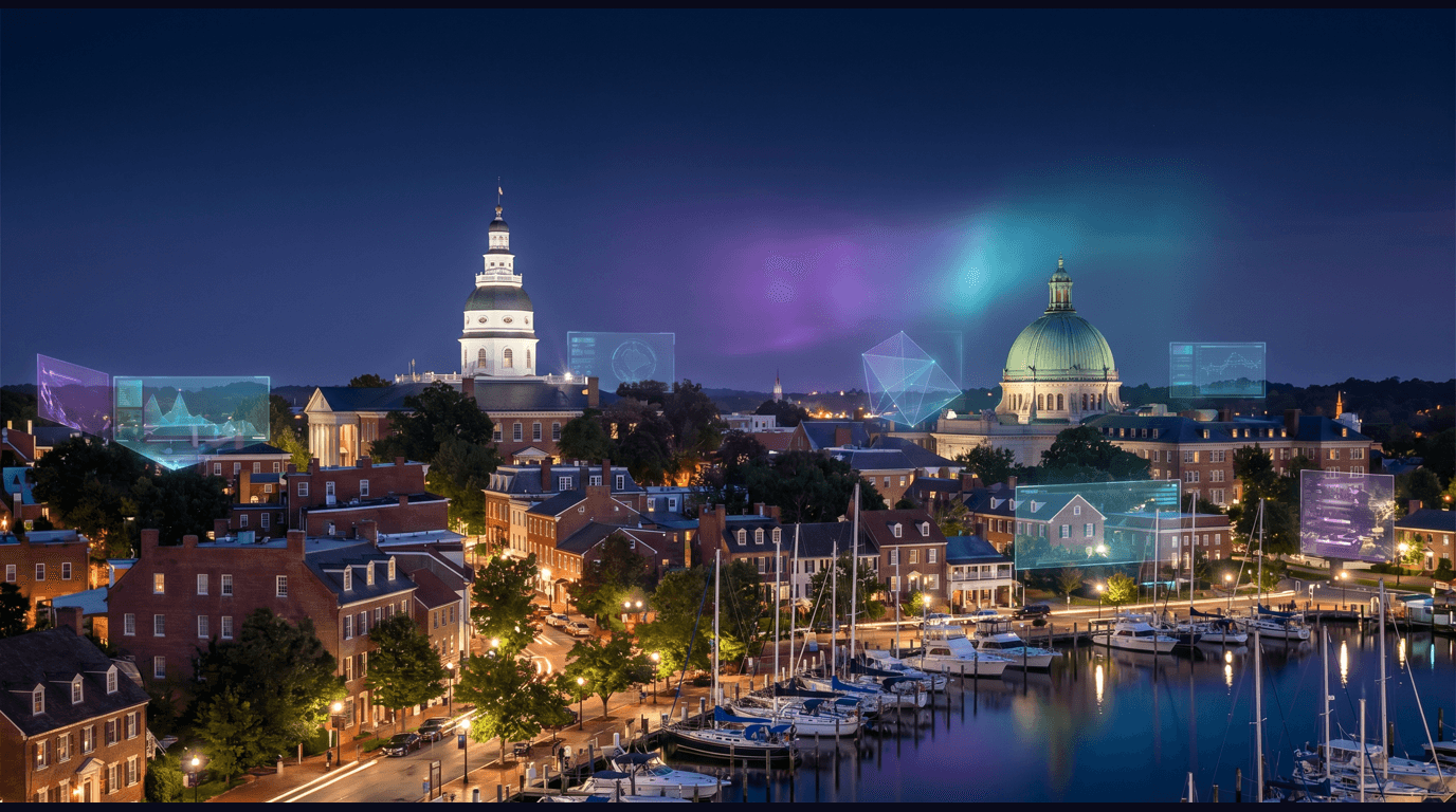 Annapolis skyline with the Maryland State House dome, the United States Naval Academy chapel and Bancroft Hall, the City Dock waterfront and Ego Alley, sailboats on the Severn River, and the historic Main Street brick storefronts against a dark navy sky with cyan and purple holographic data panels