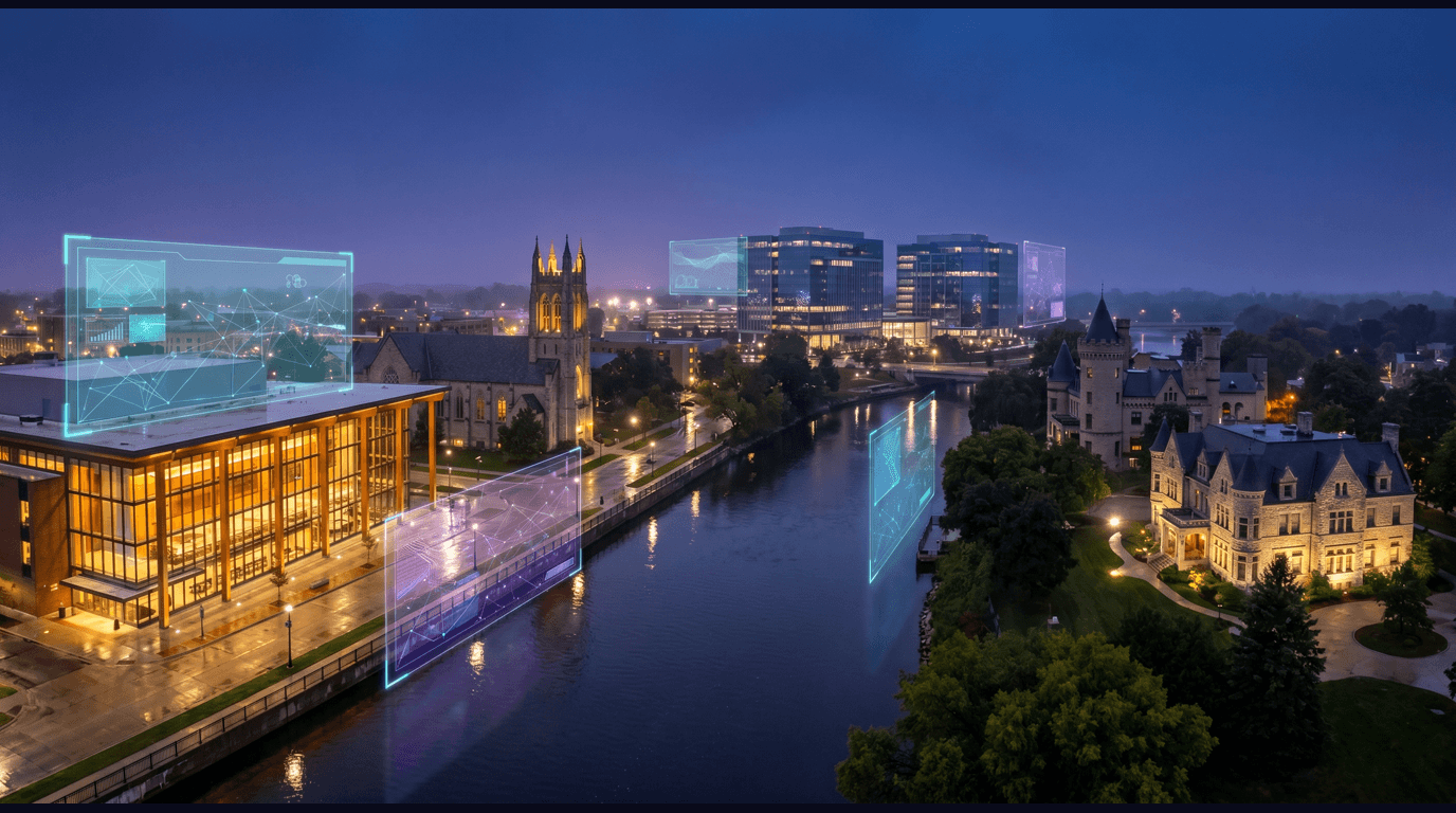 Appleton skyline with the Fox Cities Performing Arts Center, Lawrence University Memorial Chapel along the Fox River, the History Museum at the Castle Tudor facade, the Thrivent Financial campus, and the Hearthstone House riverfront against a dark navy sky with cyan and purple holographic data panels