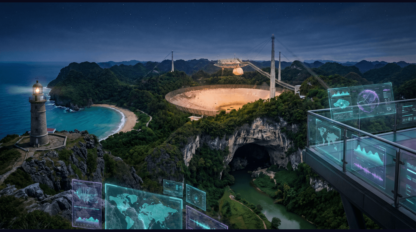 Arecibo skyline with the Arecibo Observatory radio dish in the karst hills, the Arecibo Lighthouse on Punta Morrillos, Cueva Ventana cliff overlook, Rio Camuy cave entrance, and Mar Chiquita pocket beach against a dark navy sky with cyan and purple holographic data panels