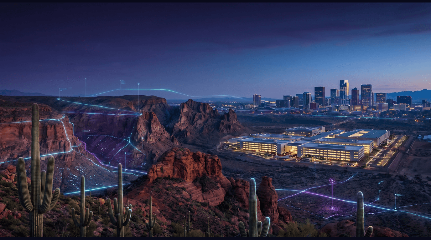 Arizona skyline with Phoenix downtown towers, Grand Canyon's South Rim, Saguaro cacti, Sedona red rock formations, and TSMC Arizona semiconductor fabrication complex against a dark navy sky with cyan and purple holographic data panels