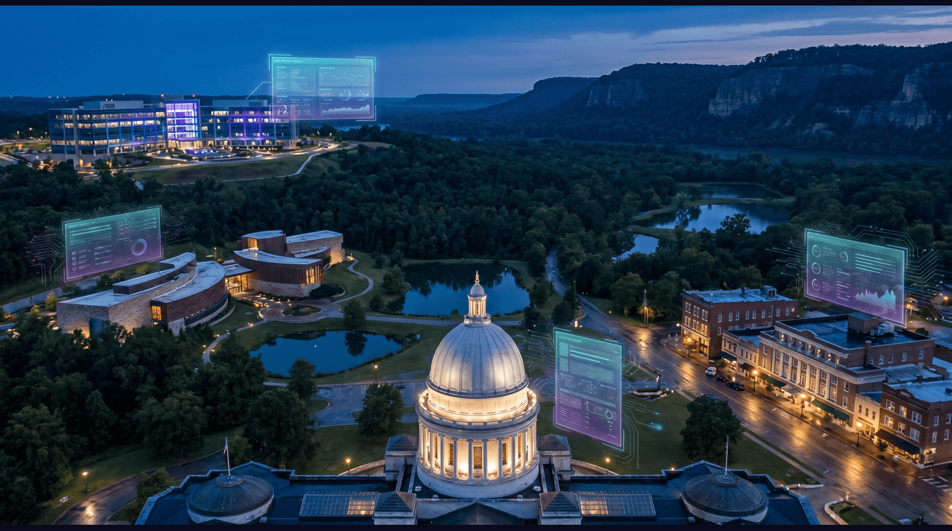 Arkansas skyline with Walmart's Bentonville home office, Crystal Bridges Museum of American Art, the Arkansas State Capitol, Hot Springs National Park bathhouses, and Ozark Mountain forests against a dark navy sky with cyan and purple holographic data panels