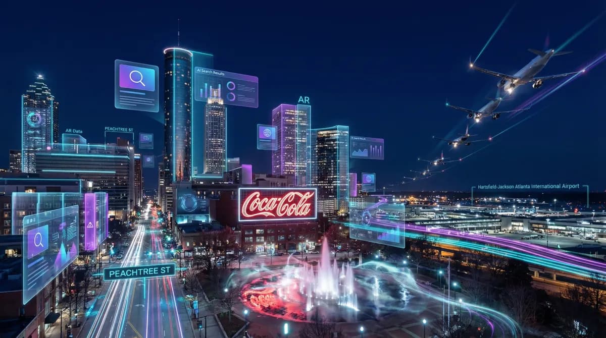 Nighttime Atlanta skyline with glowing high-rises along Peachtree Street, planes descending into Hartsfield-Jackson, and the neon Coca-Cola sign reflecting on the Centennial Olympic Park fountain, overlaid with holographic AI search result cards.