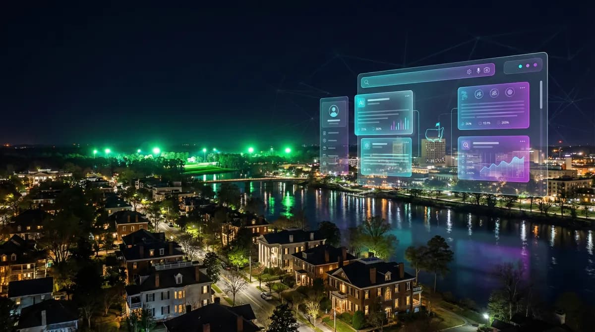 Nighttime Augusta skyline with the Masters tournament lights glowing, historic homes along tree-lined streets, and the Savannah River reflecting downtown lights, overlaid with holographic AI search result cards.