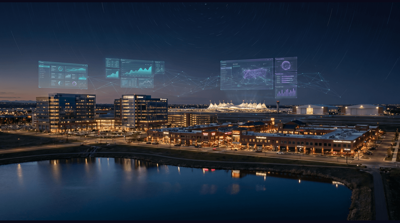 Aurora skyline with the Anschutz Medical Campus and Children's Hospital Colorado, Buckley Space Force Base hangars, Stanley Marketplace, Cherry Creek Reservoir, and Denver International Airport in the distance against a dark navy sky with cyan and purple holographic data panels