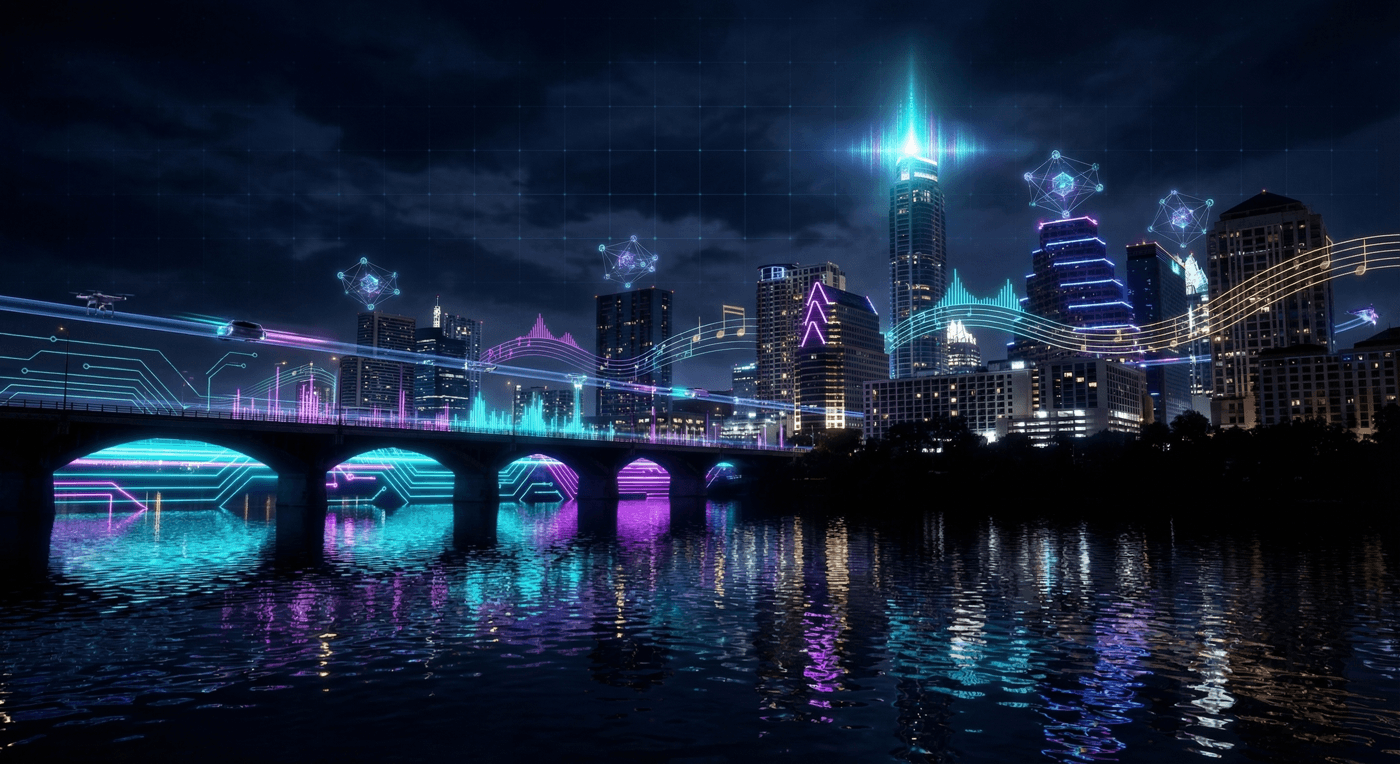 Futuristic AI-enhanced Austin skyline showing the Texas State Capitol and downtown tech district with digital network connections