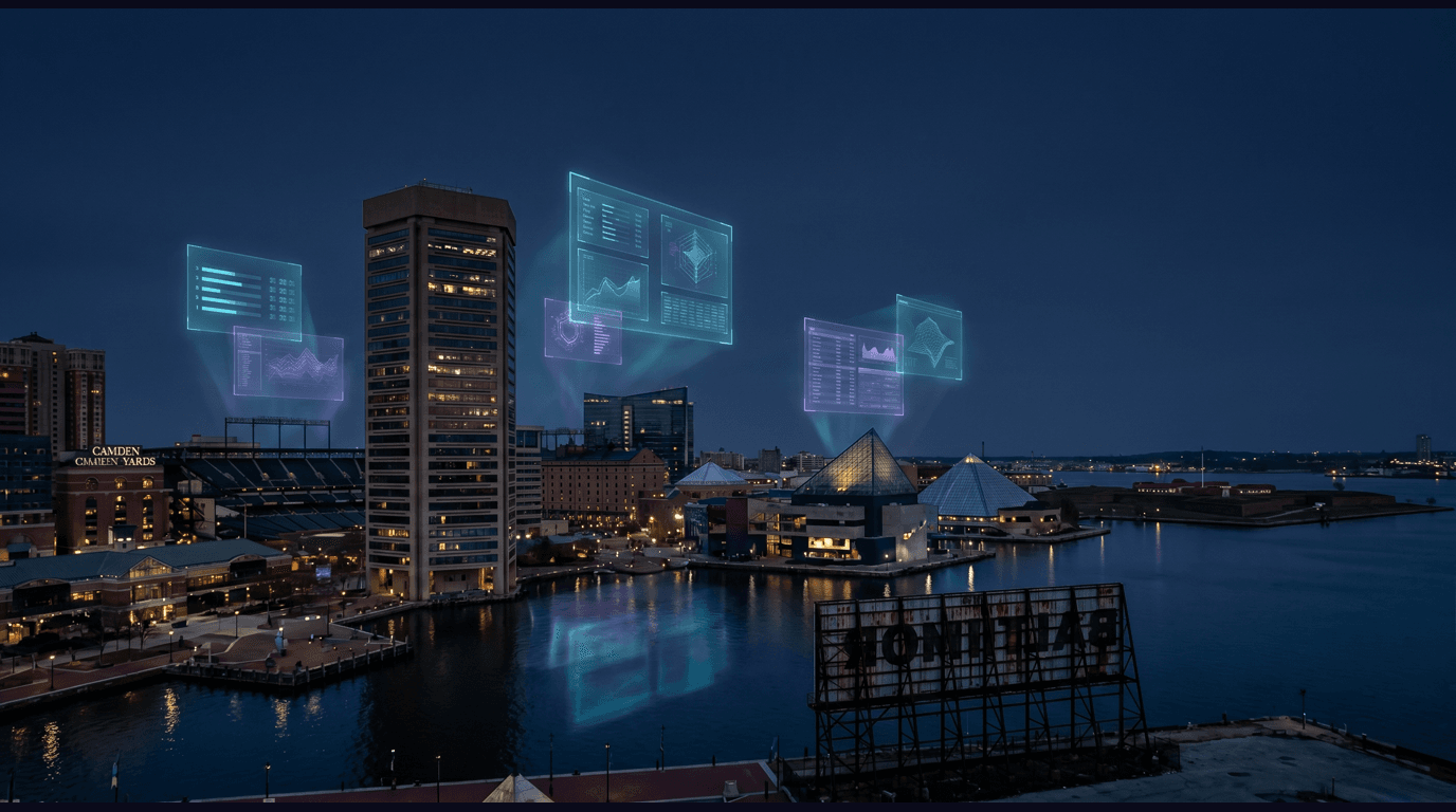 Baltimore skyline with the Inner Harbor skyline and World Trade Center, Oriole Park at Camden Yards, the National Aquarium, Fort McHenry star fort, and the Domino Sugars sign across the harbor against a dark navy sky with cyan and purple holographic data panels