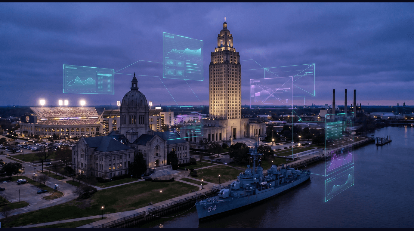 Baton Rouge skyline with the Louisiana State Capitol tower, Tiger Stadium, USS Kidd destroyer on the riverfront, Old State Capitol Gothic dome, and Mississippi River industrial corridor against a dark navy sky with cyan and purple holographic data panels