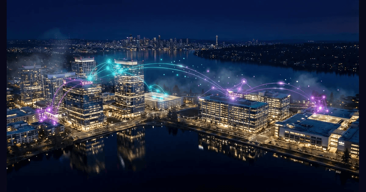 Photorealistic nighttime aerial view of downtown Bellevue's gleaming skyline reflected in Lake Washington with holographic AI network overlays in cyan and purple connecting T-Mobile HQ, Amazon East Campus, and the Bellevue Collection
