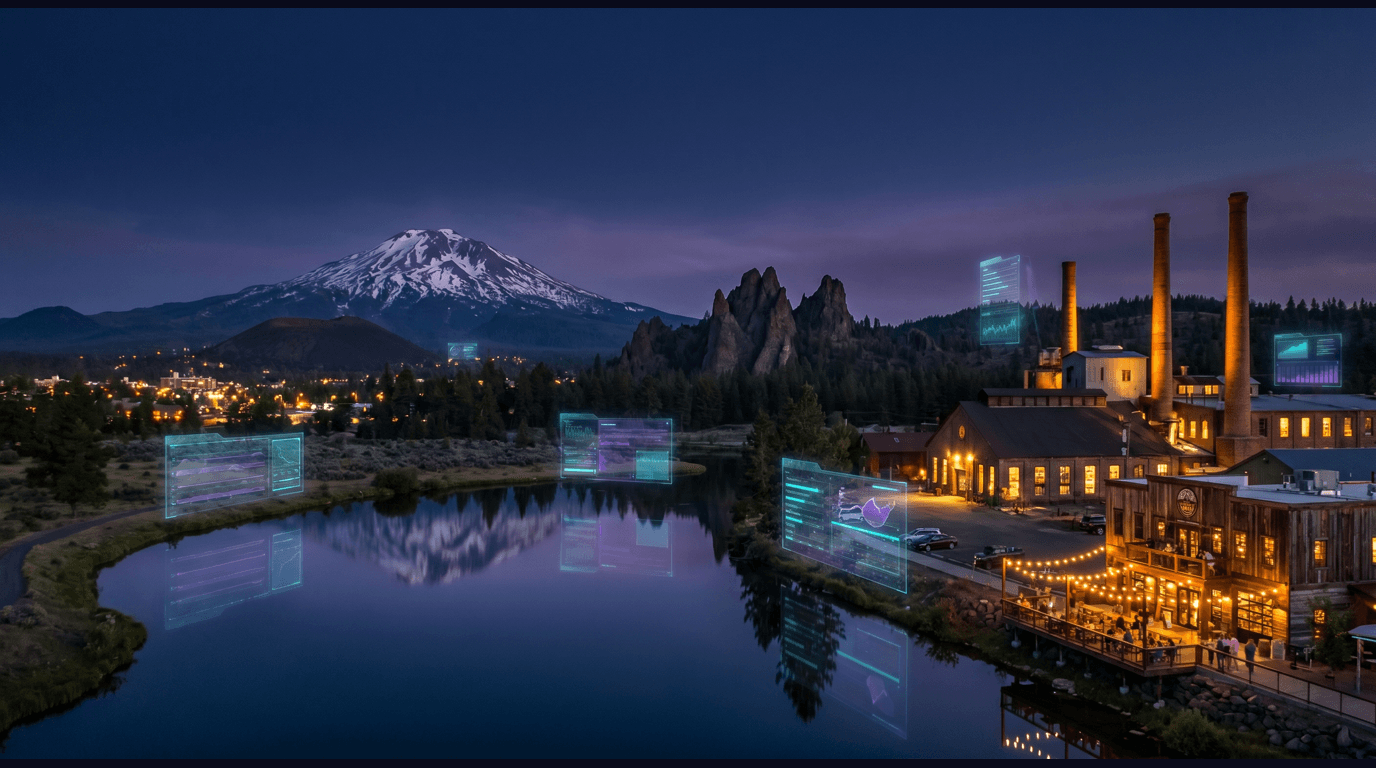 Bend skyline with Mount Bachelor snowy summit, Smith Rock pinnacles, Deschutes River through the Old Mill District, Pilot Butte cinder cone, and Drake Park's Mirror Pond against a dark navy sky with cyan and purple holographic data panels