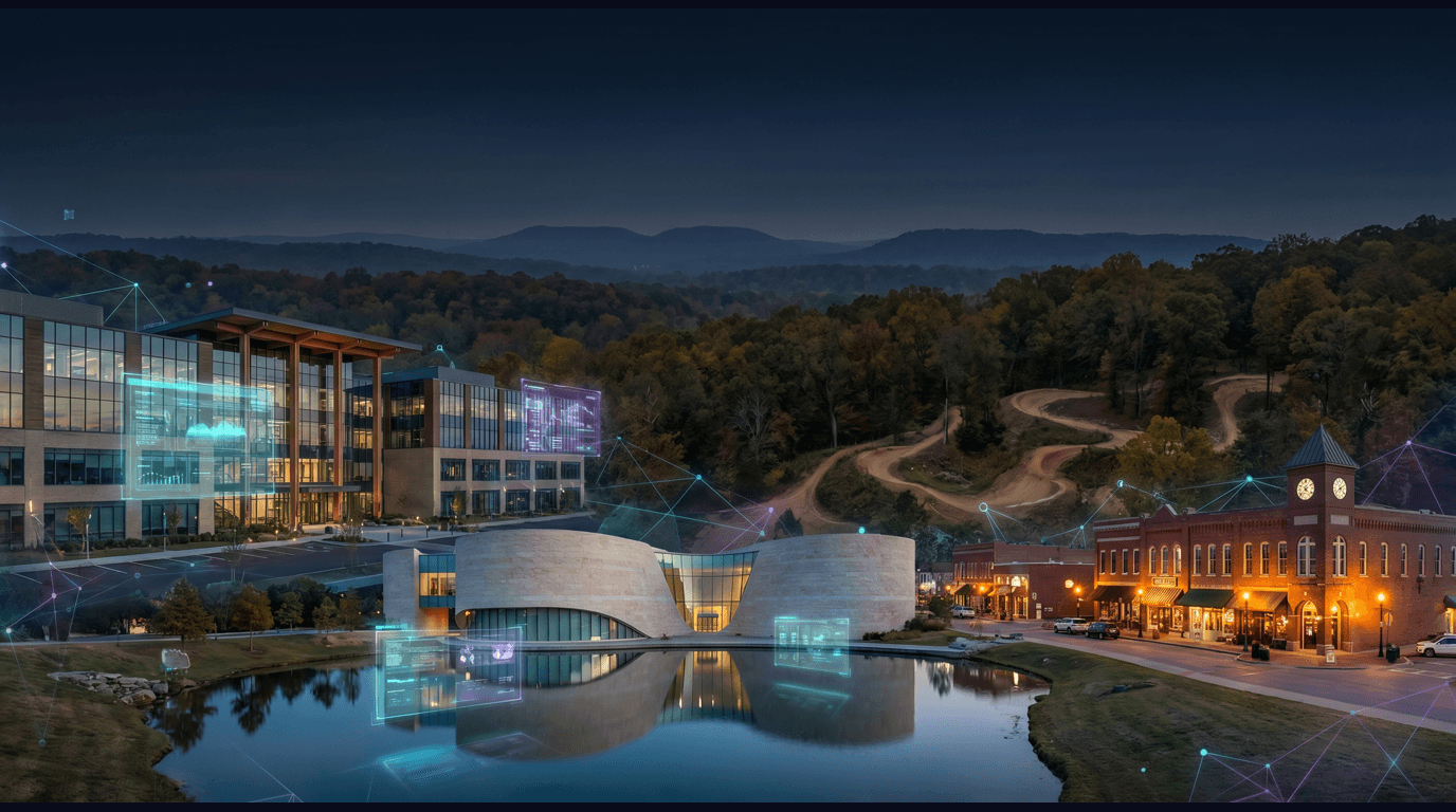 Bentonville skyline with the Walmart Home Office campus, Crystal Bridges Museum of American Art Moshe Safdie buildings, the Walton's 5&10 on Bentonville Square, Coler Mountain Bike Preserve trails, and Ozark Mountain backdrop against a dark navy sky with cyan and purple holographic data panels