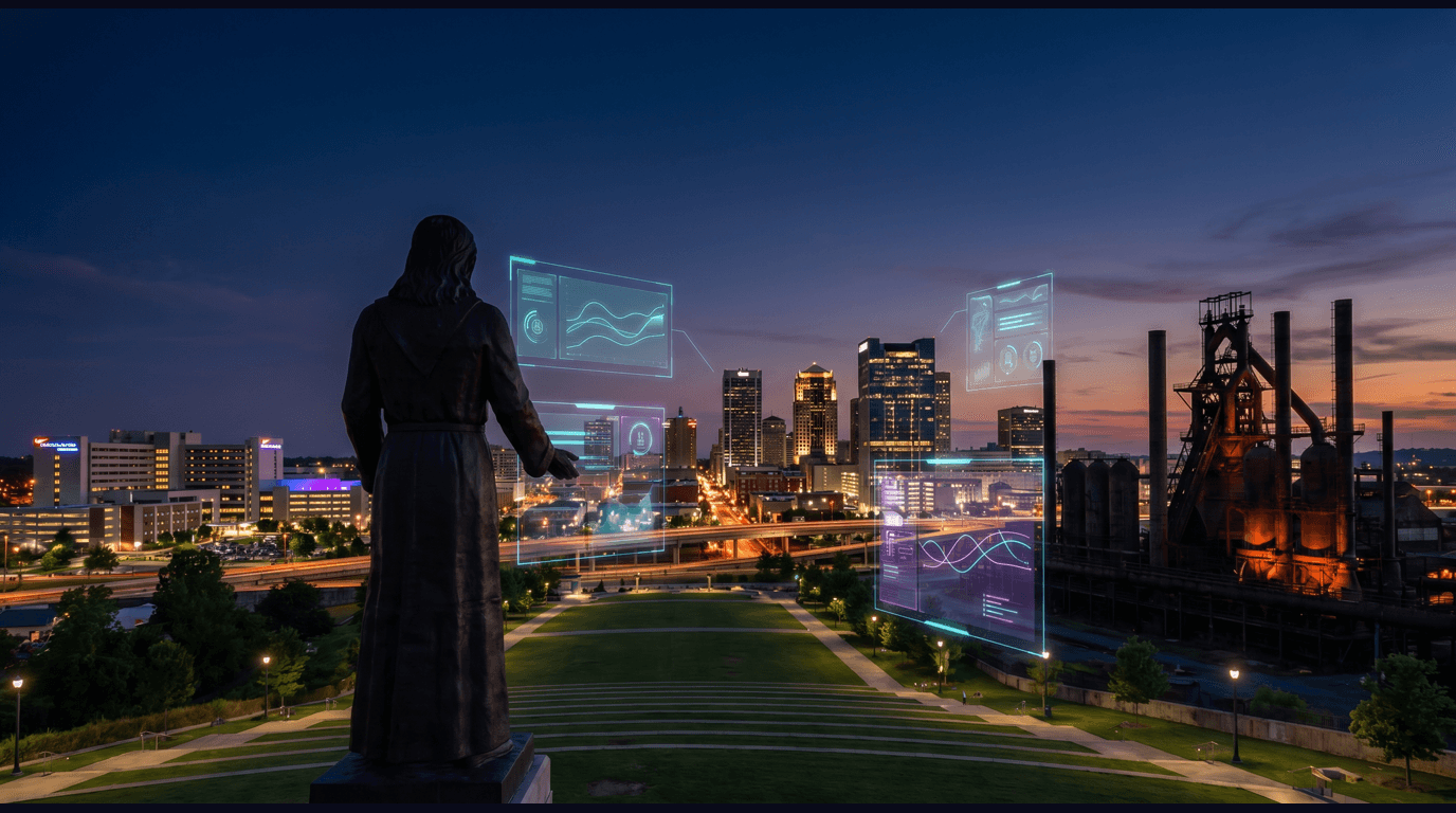 Birmingham skyline with Vulcan statue atop Red Mountain, Sloss Furnaces blast stacks, Regions Center tower, Railroad Park, and the UAB Hospital medical campus against a dark navy sky with cyan and purple holographic data panels