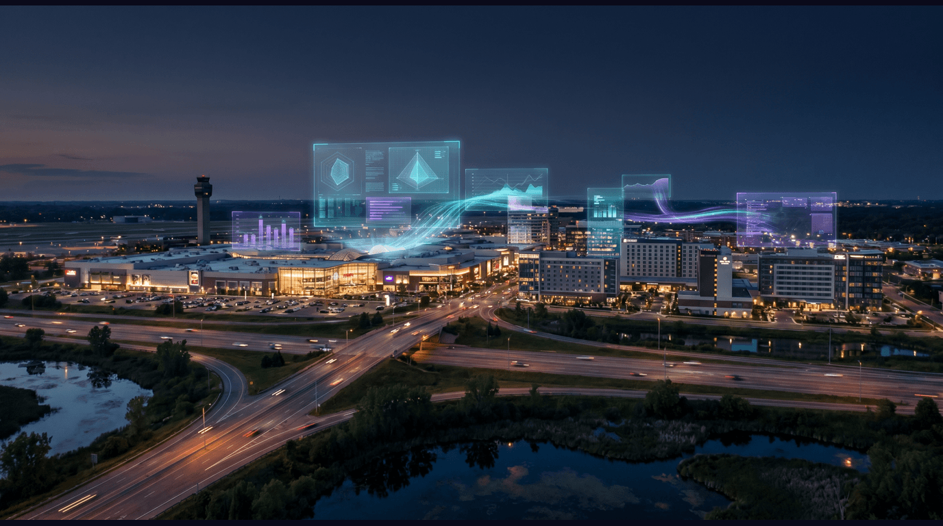 Bloomington skyline with Mall of America, Nickelodeon Universe roller coaster, HealthPartners headquarters, Minnesota Valley National Wildlife Refuge, and the MSP airport I-494 hotel corridor against a dark navy sky with cyan and purple holographic data panels