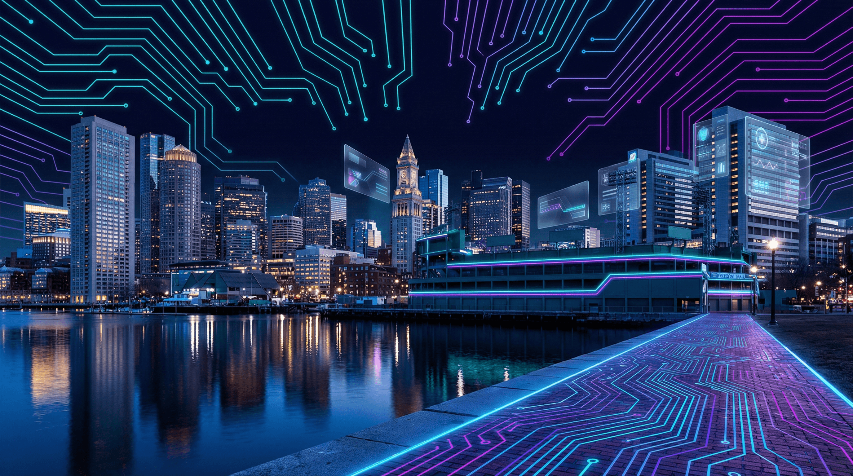 Boston skyline with Financial District towers, Fenway Park Green Monster, Freedom Trail brick path, harbor waterfront, and biotech research campus against a dark navy sky with cyan and purple holographic data panels