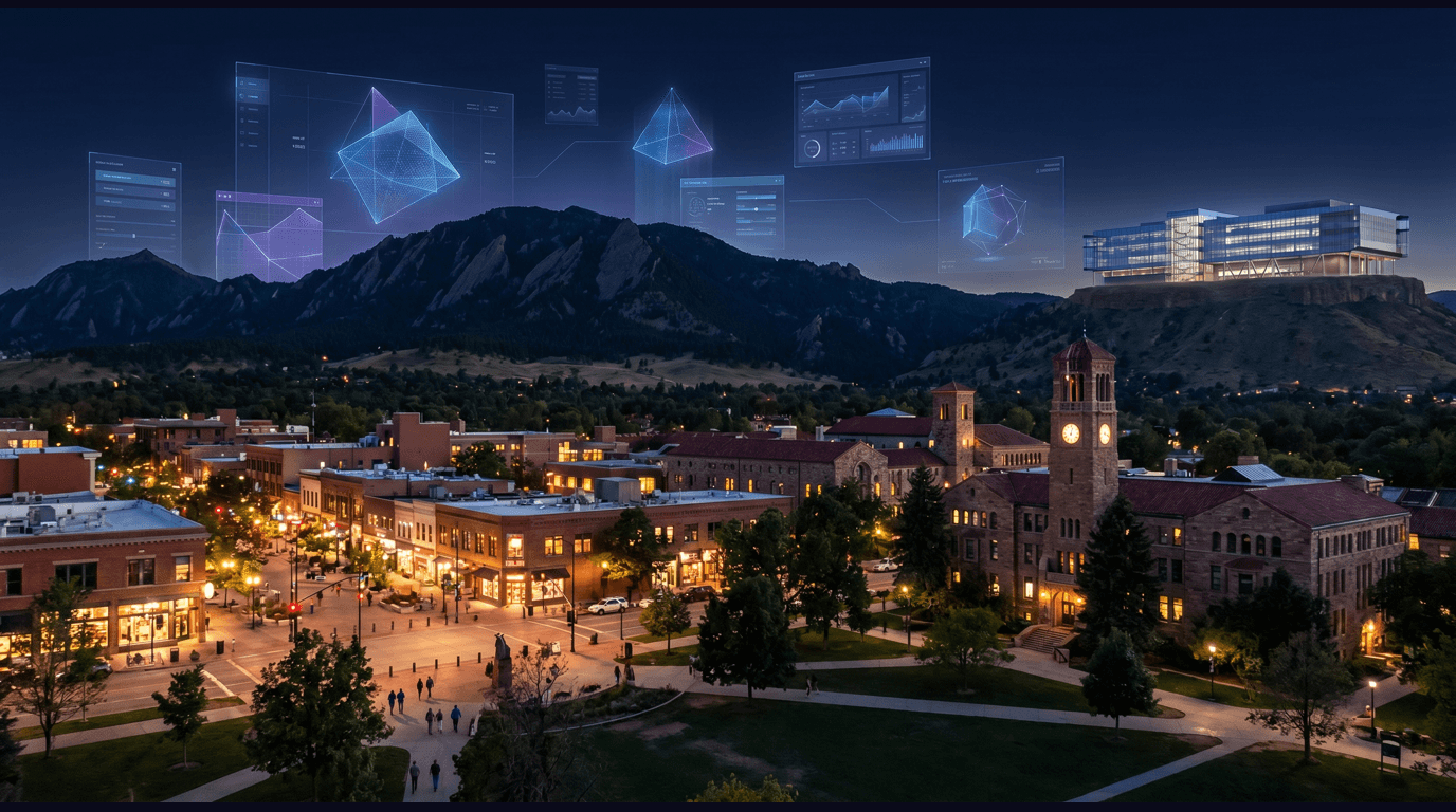 Boulder skyline with the Flatirons rising above town, Pearl Street Mall historic storefronts, the CU Boulder campus and Old Main building, the National Center for Atmospheric Research Mesa Laboratory, and Chautauqua Park against a dark navy sky with cyan and purple holographic data panels