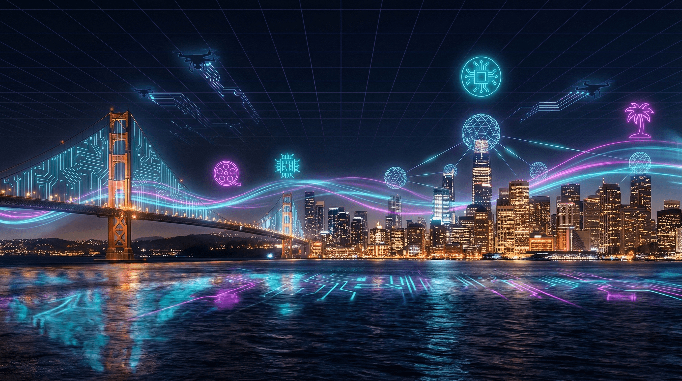 3D stylized render of the California coastline at dusk featuring the Golden Gate Bridge and Hollywood Hills in cyan and purple gradient lighting against a dark sky, representing AI-powered business optimization across California