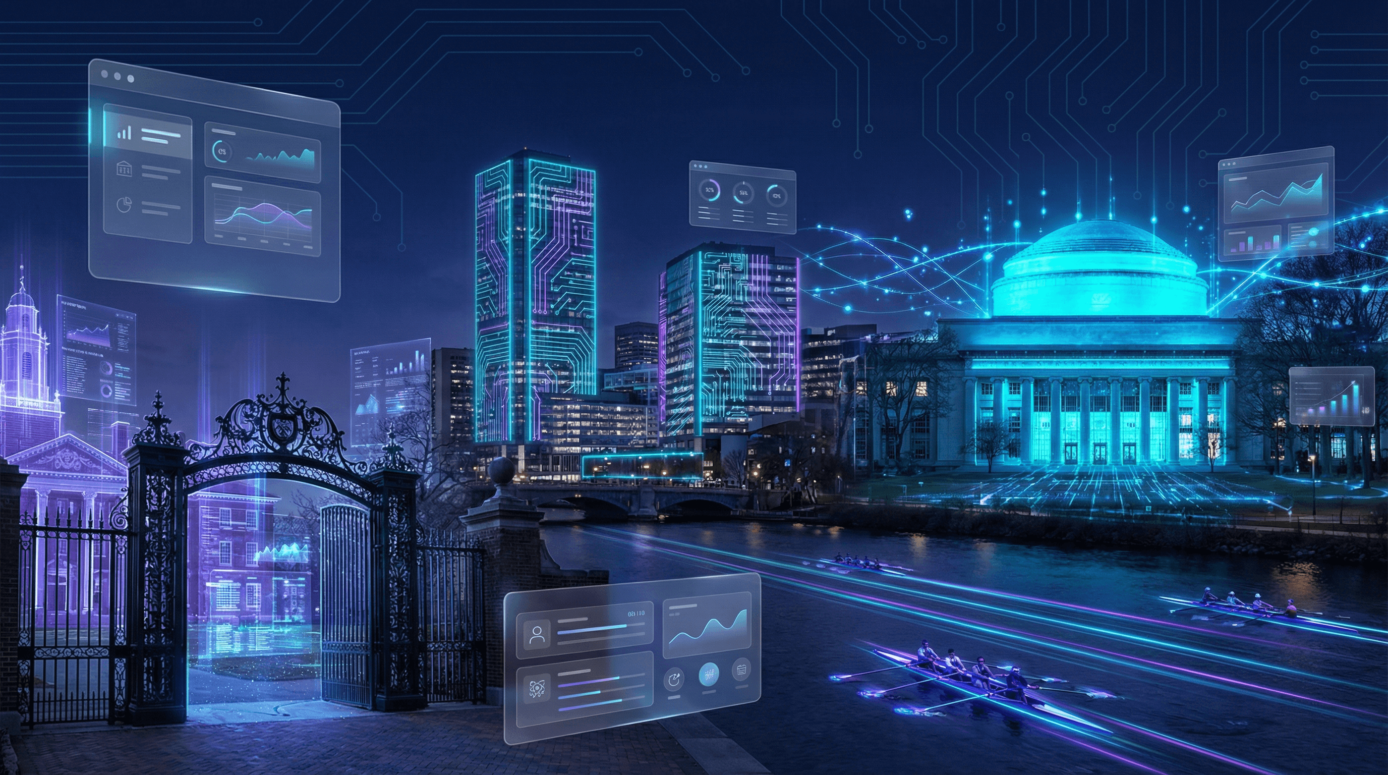 Cambridge skyline with MIT Great Dome, Harvard University gates, Kendall Square biotech buildings, and Charles River with rowing shells against a dark navy sky with cyan and purple holographic data panels