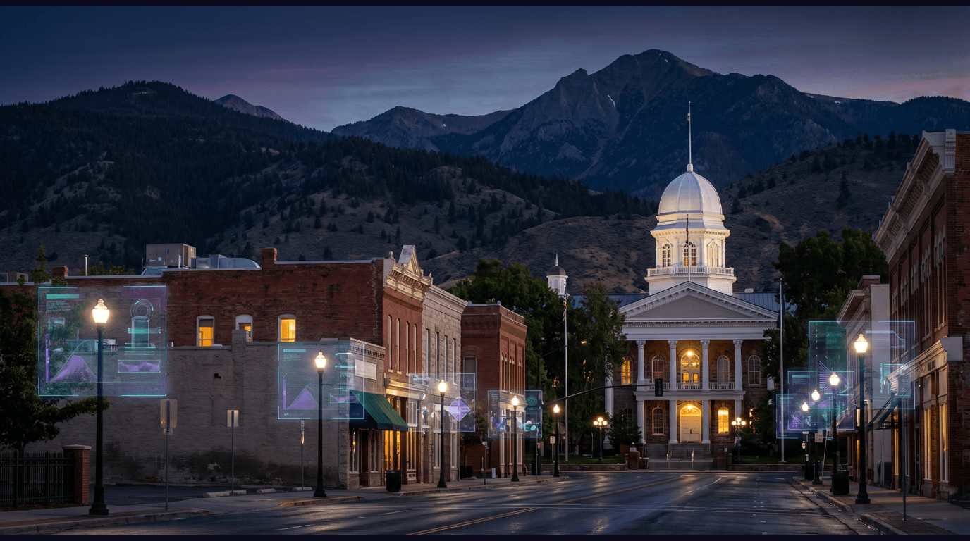 Carson City skyline with the Nevada State Capitol silver dome, the Carson Mint building, the Nevada State Railroad Museum, Eagle Valley, and Carson Range Sierra foothills against a dark navy sky with cyan and purple holographic data panels