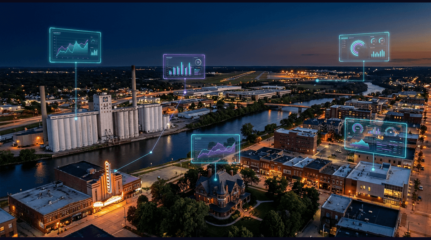 Cedar Rapids skyline with the Quaker Oats Plant grain elevators on the Cedar River, the Paramount Theatre marquee, Brucemore's Queen Anne mansion, and the National Czech & Slovak Museum & Library in Czech Village, with the Collins Aerospace campus and Eastern Iowa Airport runway lights beyond, against a dark navy sky with cyan and purple holographic data panels