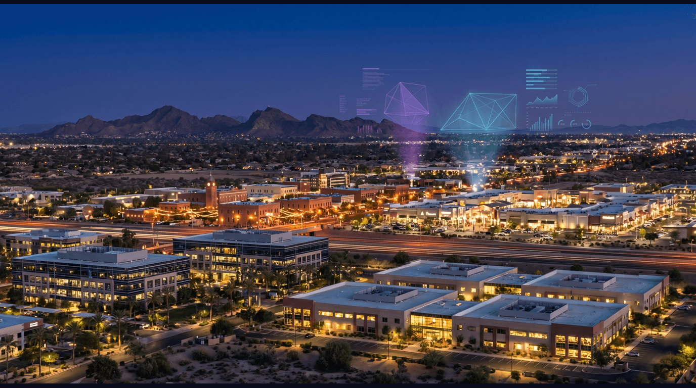 Chandler skyline with Price Corridor semiconductor fabs, the Intel Ocotillo campus, downtown San Marcos historic district, Chandler Fashion Center, and Sonoran Desert backdrop against a dark navy sky with cyan and purple holographic data panels