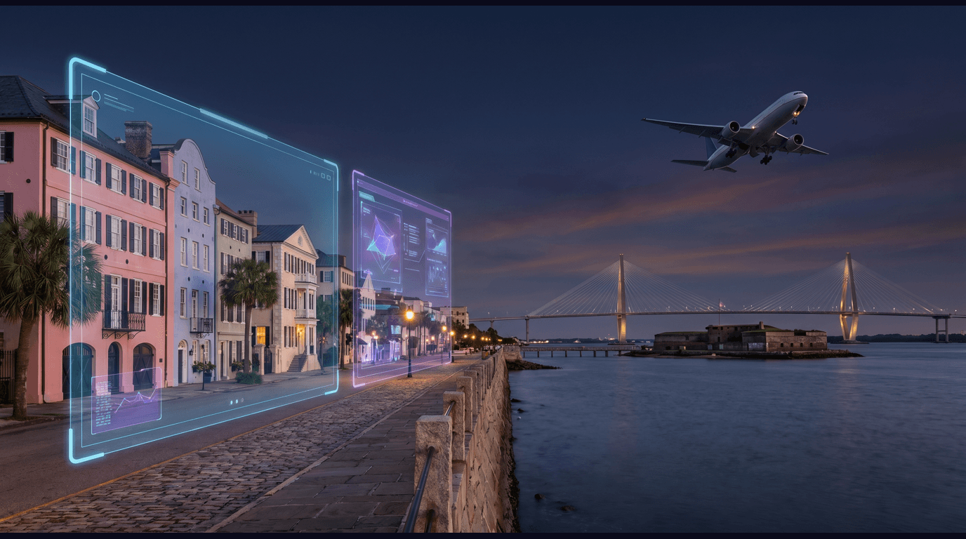 Charleston skyline with Rainbow Row's pastel facades along East Bay Street, the Battery overlooking Charleston Harbor, Fort Sumter on its harbor island, the Arthur Ravenel Jr. Bridge cable-stayed towers, and a Boeing 787 Dreamliner above the North Charleston runway against a dark navy sky with cyan and purple holographic data panels