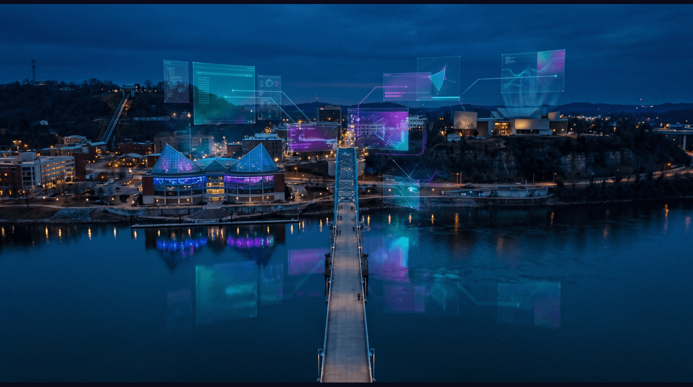 Chattanooga skyline with the Walnut Street Bridge over the Tennessee River, Tennessee Aquarium, Hunter Museum of American Art on the bluff, Lookout Mountain Incline Railway, and North Shore arts district against a dark navy sky with cyan and purple holographic data panels