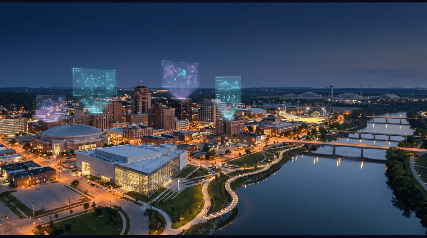 Clarksville skyline with the Austin Peay State University campus, Customs House Museum, Cumberland River and Riverwalk, F&M Bank Arena downtown, and Fort Campbell gate in the distance against a dark navy sky with cyan and purple holographic data panels