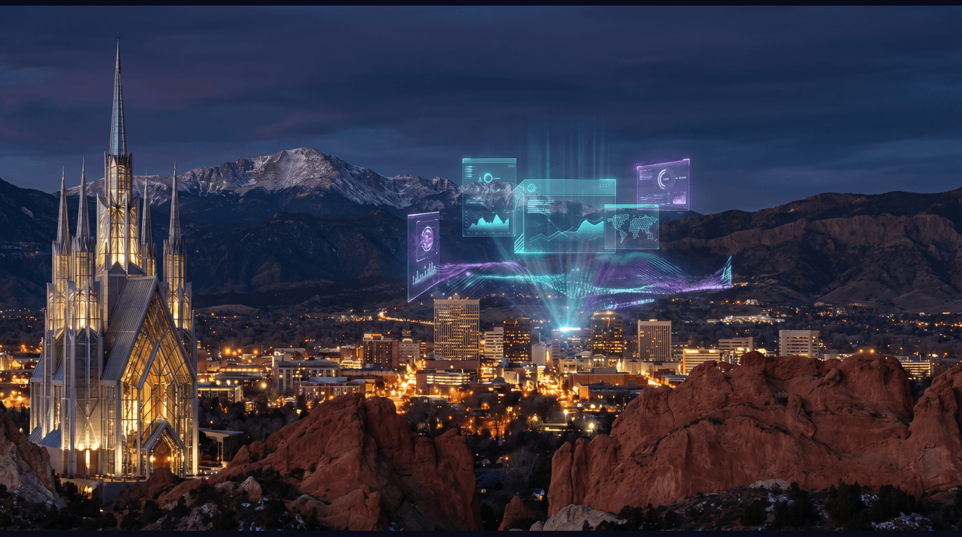 Colorado Springs skyline with Pikes Peak rising in the distance, Garden of the Gods red rock formations, the Air Force Academy Cadet Chapel spires, Cheyenne Mountain, and downtown Colorado Springs against a dark navy sky with cyan and purple holographic data panels