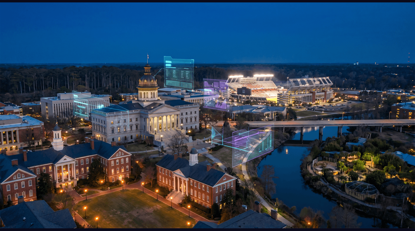 Columbia skyline with the South Carolina State House bronze dome, the University of South Carolina Horseshoe historic quad, Williams-Brice Stadium grandstands, the Riverbanks Zoo Saluda River bridge, and Congaree National Park cypress canopy against a dark navy sky with cyan and purple holographic data panels