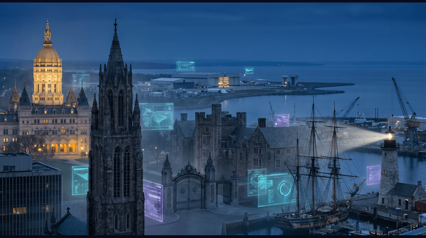 Connecticut skyline with Hartford Travelers Tower, Yale University Old Campus gates, Mystic Seaport tall ships, Greenwich harbor, and Pratt & Whitney jet-engine campus against a dark navy sky with cyan and purple holographic data panels